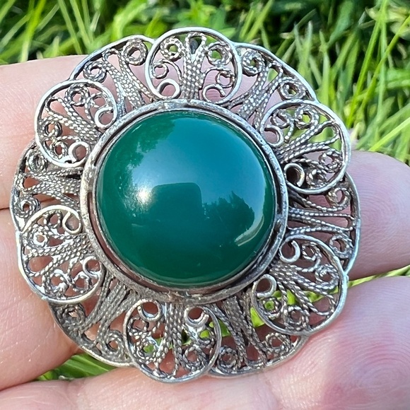 VINTAGE MADE IN ISRAEL LARGE GREEN ONYX AGATE CABOCHON PENDANT PIN BROOCH 925SS